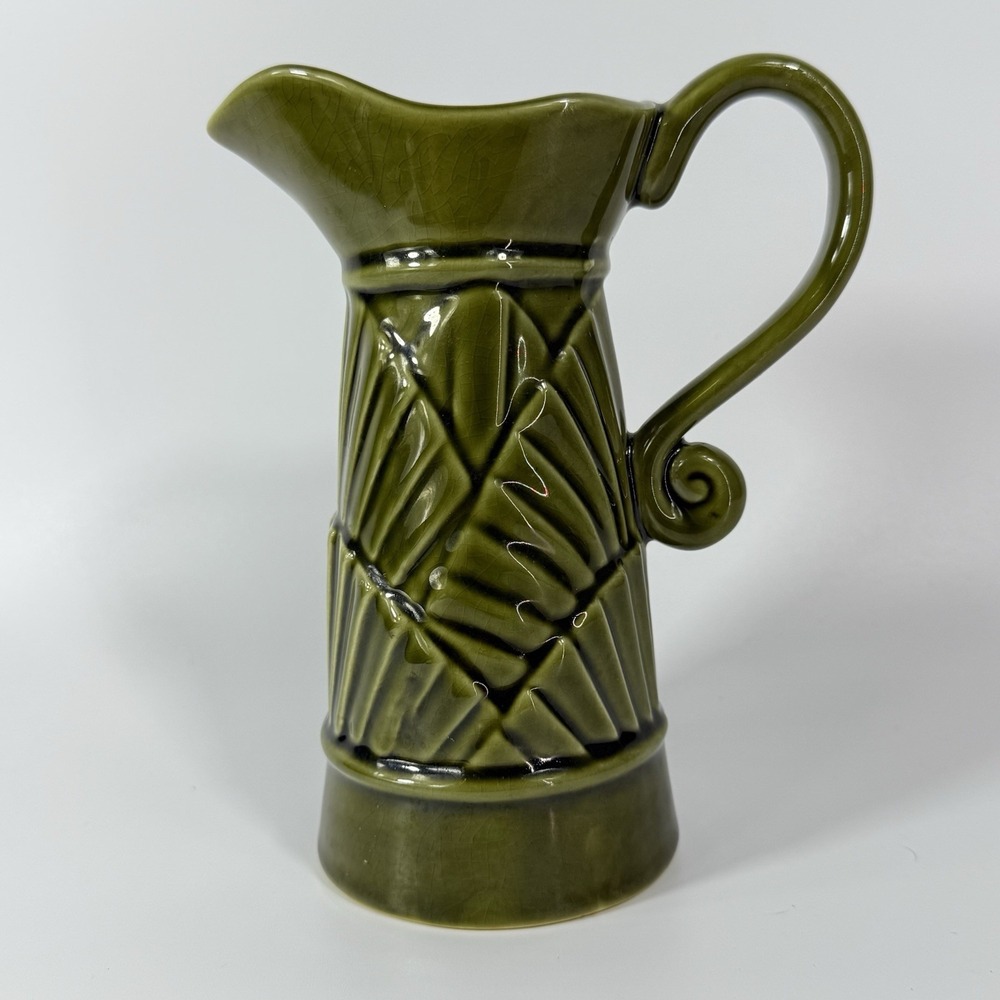 Mid Century Modern MCM Pitcher Vintage Avocado Green Geometric Ceramic 1970s‎